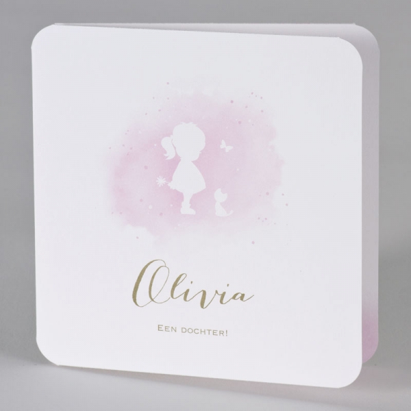 Lief geboortekaartje silhouet meisje in roze aquarel
