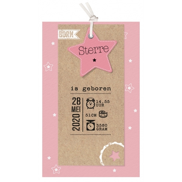 Stoer roze geboortekaartje met sterren en labeltje